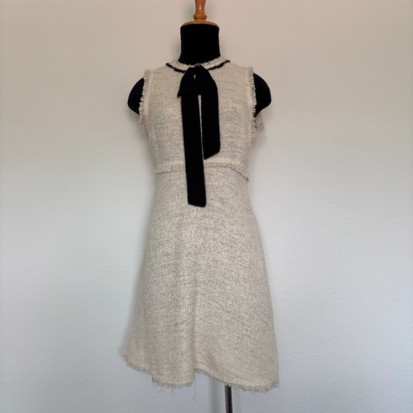 Zara Cream Tweed Dress with Black Bow Detail - Picture 1 of 6